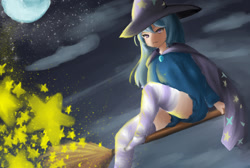 Size: 920x620 | Tagged: safe, artist:4 am, trixie, human, broom, cape, clothes, cloud, cloudy, flying, flying broomstick, full moon, humanized, magic, moon, night, pixiv, sitting, socks, solo, stars, striped socks, thigh highs, trixie's cape, trixie's hat