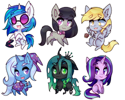 Size: 1114x891 | Tagged: safe, artist:pekou, derpibooru import, derpy hooves, dj pon-3, octavia melody, queen chrysalis, starlight glimmer, trixie, vinyl scratch, changeling, changeling queen, earth pony, pony, unicorn, chibi, cute, cutealis, derpabetes, diatrixes, glimmerbetes, simple background, tavibetes, transparent background, vinylbetes