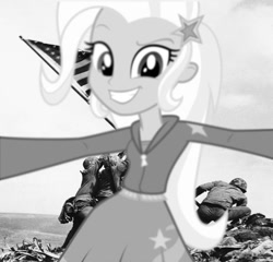 Size: 987x947 | Tagged: safe, derpibooru import, trixie, equestria girls, black and white, but first let me take a trixie, grayscale, ioto, iwo jima, meme, photobomb