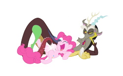 Size: 2389x1470 | Tagged: safe, artist:anima-dos, discord, pinkie pie, earth pony, pony, crying, discopie, female, laughing, male, shipping, simple background, straight, tears of laughter, tickle torture, tickling, transparent background