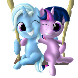 Size: 1700x1700 | Tagged: safe, artist:dcencia, derpibooru import, trixie, twilight sparkle, pony, unicorn, female, filly, mare