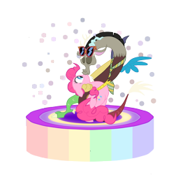 Size: 2108x2174 | Tagged: safe, artist:anima-dos, discord, pinkie pie, earth pony, pony, discopie, female, high res, interspecies, kissing, male, shipping, shocked, straight, surprise kiss, surprised