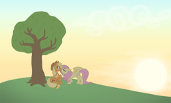 Size: 1000x600 | Tagged: safe, artist:bux, applejack, fluttershy, earth pony, pegasus, pony, appleshy, female, kissing, lesbian, mare, shipping, tree