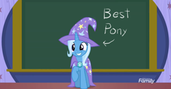 Size: 1366x712 | Tagged: safe, derpibooru import, edit, edited screencap, screencap, trixie, a matter of principals, best pony, cape, chalkboard, clothes, discovery family logo, hat, opinion, raised hoof, smiling, trixie's cape, trixie's hat