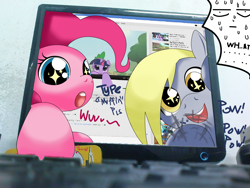 Size: 1400x1050 | Tagged: safe, artist:hoyeechun, derpibooru import, derpy hooves, pinkie pie, twilight sparkle, earth pony, pegasus, pony, computer, female, fourth wall, mare, youtube