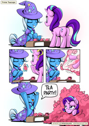 Size: 955x1351 | Tagged: safe, artist:mysticalpha, derpibooru import, starlight glimmer, trixie, pony, unicorn, butt, comic, cup, duo, female, glowing horn, magic, magic trick, mare, plot, tea party, teacup, telekinesis, that pony sure does love teacups
