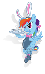 Size: 472x768 | Tagged: safe, artist:changeunism, rainbow dash, pegasus, pony, bunny ears, bunny suit, clothes, fishnet stockings, leotard, simple background, solo, stockings, tea, transparent background, waitress