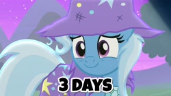 Size: 1970x1108 | Tagged: safe, derpibooru import, edit, edited screencap, screencap, trixie, pony, unicorn, no second prances, road to friendship, season 8, spoiler:s08, cape, clothes, countdown, cute, happy, hat, messy, smiling, solo, text, this will end in trixie, trixie's cape, trixie's hat