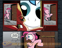 Size: 900x700 | Tagged: safe, idw, pinkie pie, shining armor, earth pony, pony, unicorn, exploitable meme, meme, surprise door, twily face