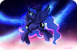 Size: 800x518 | Tagged: safe, artist:karzii, princess luna, alicorn, pony, female, horn, mare, solo, space