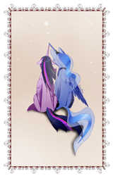 Size: 576x900 | Tagged: dead source, safe, artist:skyeypony, princess luna, twilight sparkle, twilight sparkle (alicorn), alicorn, pony, female, horns are touching, lesbian, mare, shipping, sitting, twiluna