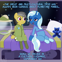 Size: 1500x1500 | Tagged: safe, artist:phallen1, derpibooru import, daring do, trixie, alien, alien pony, bicorn, pegasus, pony, ursa minor, alternate universe, atg 2018, bed, bedroom eyes, bodysuit, boots, clothes, daringverse, duo, duo female, female, flirting, hat, jumpsuit, looking at each other, newbie artist training grounds, nuclear weapon, pillow, pith helmet, shoes, space, space helmet, space pony, spacesuit, starry eyes, stars, sweat, sweatdrop, teddy bear, text, ursa plush, weapon, wingding eyes