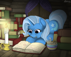 Size: 2500x2000 | Tagged: safe, artist:malamol, derpibooru import, trixie, pony, unicorn, book, candle, eating, female, hay, mare, solo, studying