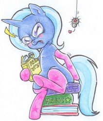 Size: 1086x1280 | Tagged: safe, artist:dahvyevloodbunny, derpibooru import, trixie, pony, spider, star spider, unicorn, blushing, book, clothes, female, heart, mare, socks, solo, traditional art