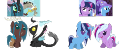 Size: 666x300 | Tagged: safe, artist:canine-sketch, derpibooru import, discord, queen chrysalis, trixie, twilight sparkle, changeling, changeling queen, hybrid, pony, baby, baby pony, discolis, female, interspecies offspring, lesbian, magical lesbian spawn, male, offspring, parent:discord, parent:queen chrysalis, parent:trixie, parent:twilight sparkle, parents:discolis, parents:twixie, shipping, simple background, straight, transparent background, twixie