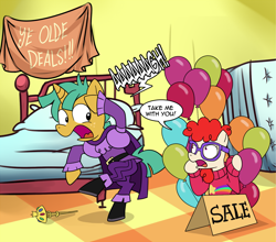 Size: 1134x1000 | Tagged: safe, artist:madmax, snails, twist, earth pony, pony, unicorn, balloon, bed, clothes, colt, crossover, duo, female, filly, gravity falls, male, tourist trapped