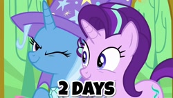 Size: 2560x1440 | Tagged: safe, derpibooru import, edit, edited screencap, screencap, starlight glimmer, trixie, pony, unicorn, no second prances, road to friendship, season 8, spoiler:s08, australia, best friends, boomerang (tv channel), cape, clothes, countdown, cute, duo, female, happy, hat, looking at each other, one eye closed, smiling, text, this will end in trixie, trixie's cape, trixie's hat, wink