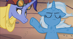 Size: 1735x932 | Tagged: safe, derpibooru import, screencap, hoo'far, trixie, pony, saddle arabian, unicorn, road to friendship, duo, eyeroll, eyes closed, female, floppy ears, male, mare, on back, stallion