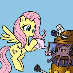 Size: 1000x1000 | Tagged: safe, artist:madmax, fluttershy, alien, cyborg, pegasus, pony, artifact, blue background, colored, crossover, cute, dalek, dawwww, doctor who, duo, female, flying, food, kaled mutant, kettle, mare, mutant, shyabetes, simple background, tea