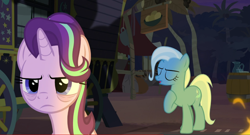 Size: 1734x938 | Tagged: safe, derpibooru import, screencap, starlight glimmer, trixie, pony, unicorn, road to friendship, annoyed, bags under eyes, campfire, duo, duo female, female, mare, night, trixie's wagon