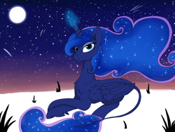 Size: 1600x1200 | Tagged: artist needed, safe, princess luna, alicorn, classical unicorn, pony, glowing horn, leonine tail, looking at you, magic, moon, prone, solo, unshorn fetlocks