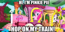 Size: 624x305 | Tagged: safe, pinkie pie, sweetie belle, earth pony, pony, commercial, friendship express, pinkie pie operating a locomotive, train