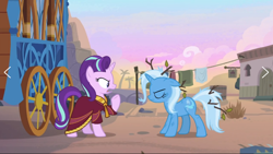 Size: 1568x886 | Tagged: safe, derpibooru import, screencap, starlight glimmer, trixie, pony, unicorn, road to friendship, angry, clothes, duo, duo female, female, hoo'far's wagon, mare, messy mane, robe, tree branch