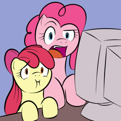 Size: 700x700 | Tagged: safe, artist:kloudmutt, apple bloom, pinkie pie, earth pony, pony, computer, computer monitor, cute, cute little fangs, disgusted, duo, fangs, open mouth, reaction image, scrunchy face