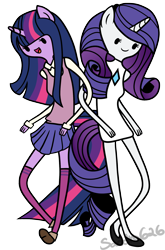 Size: 1316x2000 | Tagged: safe, artist:sandra626, derpibooru import, rarity, twilight sparkle, anthro, adventure time, ambiguous facial structure, clothes, skinny, skirt, style emulation