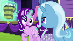 Size: 1280x720 | Tagged: safe, derpibooru import, screencap, starlight glimmer, trixie, pony, unicorn, road to friendship, credits, duo, duo female, female, french, josh haber, levitation, magic, mare, telekinesis