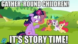 Size: 621x350 | Tagged: safe, derpibooru import, edit, edited screencap, screencap, apple bloom, scootaloo, smarty pants, sweetie belle, twilight sparkle, earth pony, pegasus, pony, unicorn, lesson zero, bow, caption, cutie mark crusaders, female, filly, hair bow, image macro, insanity, magic, mare, meme, story