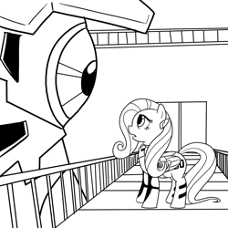 Size: 1000x1000 | Tagged: safe, artist:madmax, fluttershy, pegasus, pony, crossover, eye contact, female, looking at each other, mare, monochrome, neon genesis evangelion, plugsuit