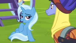 Size: 1280x720 | Tagged: safe, derpibooru import, screencap, hoo'far, trixie, pony, saddle arabian, unicorn, road to friendship, female, looking at each other, male, mare, shipping fuel, stallion, trixie's wagon