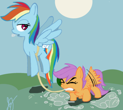 Size: 1200x1077 | Tagged: safe, artist:jordanloo, rainbow dash, scootaloo, pegasus, pony, flying lesson, scootaloo can't fly