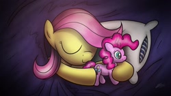 Size: 1920x1080 | Tagged: safe, artist:dori-to, fluttershy, pinkie pie, earth pony, pegasus, pony, female, mare, sleeping