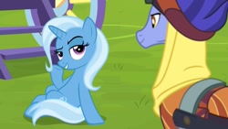 Size: 1280x720 | Tagged: safe, derpibooru import, screencap, hoo'far, trixie, pony, saddle arabian, unicorn, road to friendship, duo, female, looking at each other, male, mare, raised eyebrow, stallion, trixie's wagon