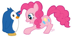 Size: 1739x928 | Tagged: safe, artist:timer rabbit, pinkie pie, earth pony, penguin, pony, crossover, mawaru penguindrum, simple background, white background