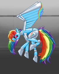 Size: 800x1000 | Tagged: safe, artist:u1fric, rainbow dash, robot, badass, clone, crossover, dashbot, metal, metal dash, solo, species swap