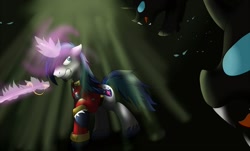 Size: 1500x905 | Tagged: safe, artist:jinyaranda, shining armor, changeling, pony, unicorn, magic, sword