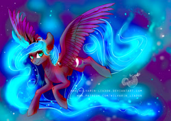 Size: 2912x2059 | Tagged: safe, artist:wilvarin-liadon, princess luna, alicorn, pony, ear fluff, flying, magic, necklace, patreon, smiling, solo, stars, watermark