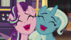 Size: 1280x720 | Tagged: safe, derpibooru import, screencap, starlight glimmer, trixie, pony, unicorn, road to friendship, cheek squish, cute, diatrixes, duo, duo female, eyes closed, female, glimmerbetes, mare, squishy cheeks, trixie's wagon, uvula