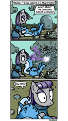 Size: 500x896 | Tagged: safe, artist:foudubulbe, derpibooru import, maud pie, trixie, pony, unicorn, comic:damp rocks, boulder, comic, explosion, eyes closed, female, lesbian, magic, magic beam, magic blast, mare, mauxie, now kiss, on back, shipping, shocked