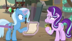 Size: 1280x720 | Tagged: safe, derpibooru import, screencap, starlight glimmer, trixie, pony, unicorn, road to friendship, duo, duo female, eating, falafel, female, floppy ears, food, magic, magic aura, mare, puffy cheeks, street food, telekinesis