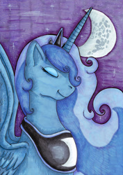 Size: 566x800 | Tagged: safe, artist:fishiewishes, princess luna, alicorn, pony, eyes closed, moon, solo, spread wings, traditional art