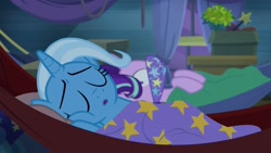 Size: 1280x720 | Tagged: safe, derpibooru import, screencap, starlight glimmer, trixie, pony, unicorn, road to friendship, cute, diatrixes, female, hammock, mare, sleeping, wide eyes