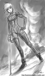 Size: 768x1280 | Tagged: safe, artist:johnjoseco, rainbow dash, human, crossover, gantz, grayscale, humanized, monochrome