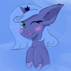 Size: 2698x2698 | Tagged: safe, artist:charrez, princess luna, alicorn, pony, blushing, cute, ear fluff, filly, solo, tongue out, wink, woona