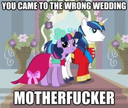 Size: 624x527 | Tagged: safe, shining armor, twilight sparkle, pony, unicorn, friendship is witchcraft, foaly matripony, francis sparkle, image macro, incest, not creepy, not incest, shiningsparkle, shipping, twiface, vulgar, wedding, wrong neighborhood