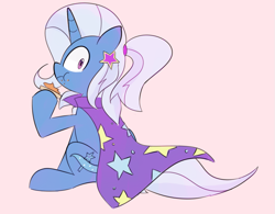 Size: 969x756 | Tagged: safe, artist:lance, derpibooru import, trixie, pony, unicorn, alternate hairstyle, eating, female, mare, peanut butter crackers, ponytail, simple background, solo, that pony sure does love peanut butter crackers