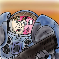 Size: 1000x1000 | Tagged: safe, artist:madmax, pinkie pie, human, crossover, looking at each other, marine, srmor, starcraft